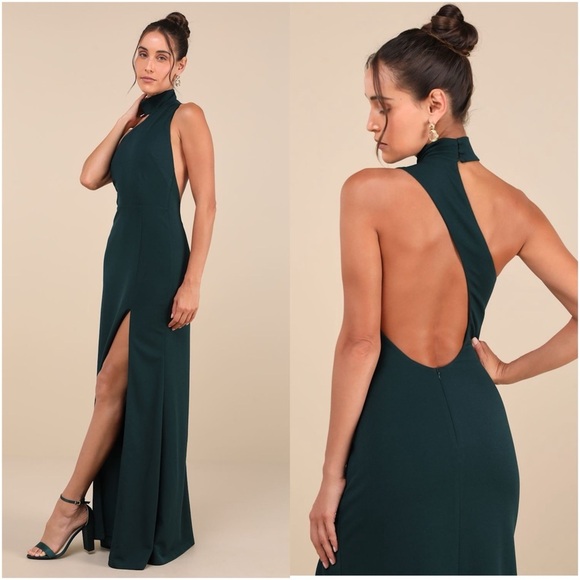 LULU’S Keep It Interesting Green Asymmetrical Cutout Halter Maxi Dress - Picture 1 of 5
